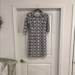 Jude Connally Geometric Navy and White Midi Dress